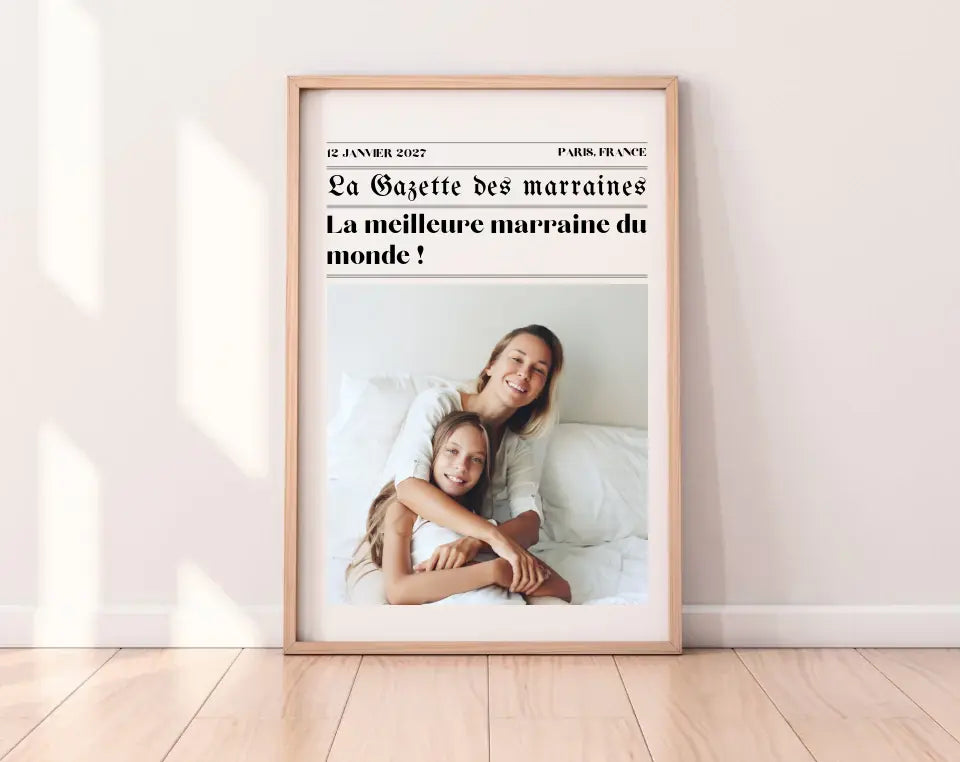 Affiche La Gazette des Marraines - Cadeau rétro et personnalisé pour marraine FLTMfrance