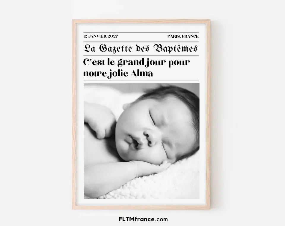 Affiche La Gazette des baptêmes - Poster rétro personnalisé pour bébé FLTMfrance