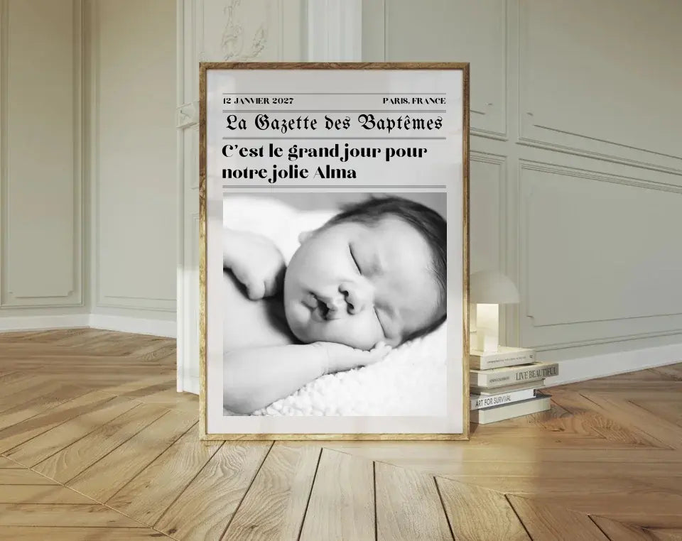 Affiche La Gazette des baptêmes - Poster rétro personnalisé pour bébé FLTMfrance