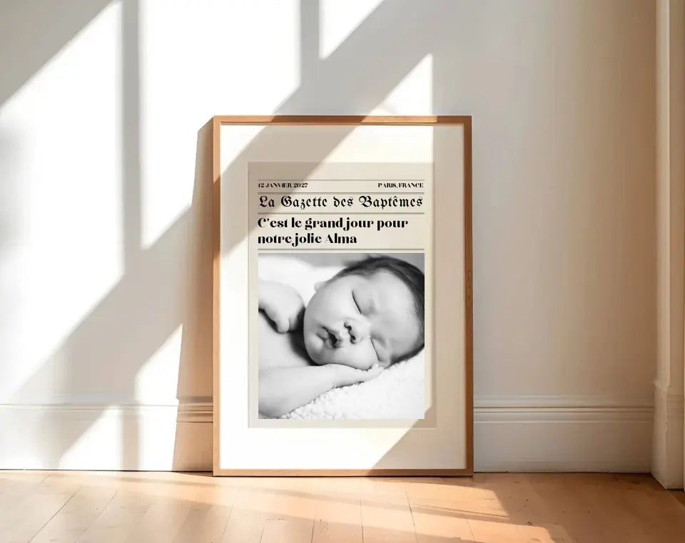 Affiche La Gazette des baptêmes - Poster rétro personnalisé pour bébé FLTMfrance