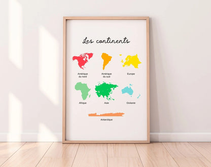 Affiche Les continents - Poster éducatif Montessori FLTMfrance
