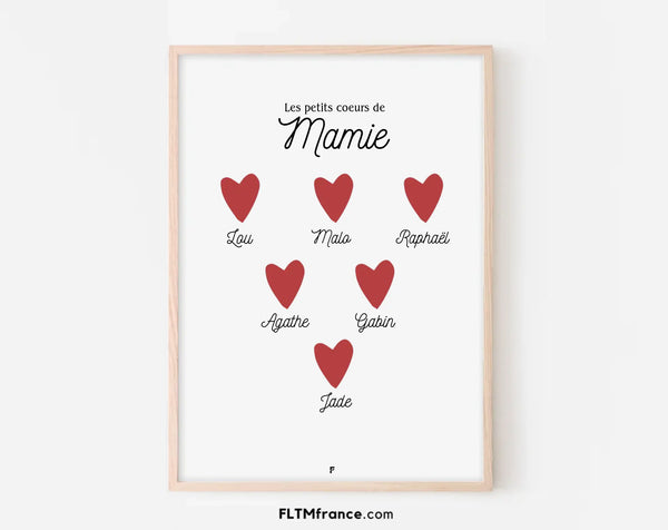 Affiche Les petits coeurs de Mamie - Cadeau personnalisé pour une grand-mère