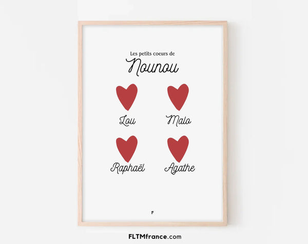 Affiche Les petits coeurs de Nounou - Cadeau personnalisé pour assistante maternelle