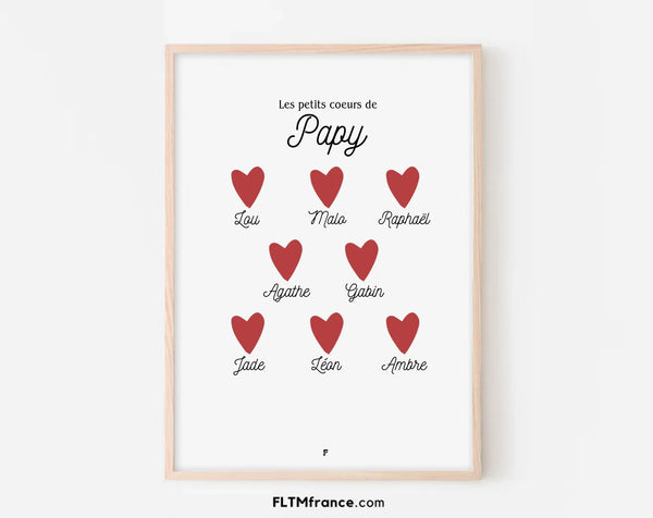 Affiche Les petits coeurs de Papy - Cadeau personnalisé pour un grand-père