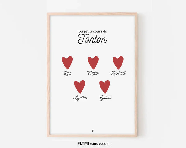 Affiche Les petits coeurs de Tonton - Cadeau personnalisé pour un oncle