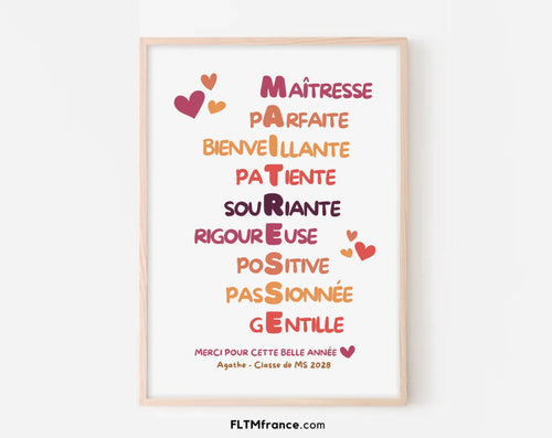 Affiche Maîtresse mots en couleurs personnalisée
