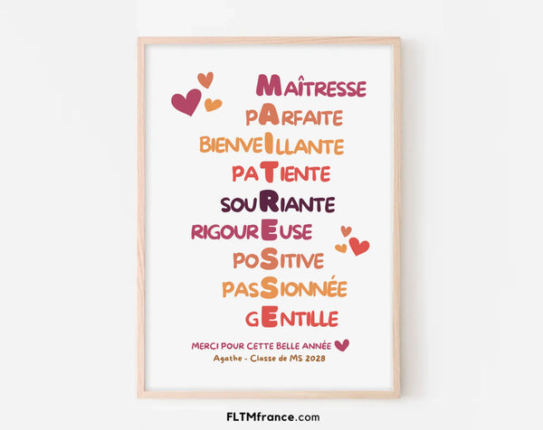 Affiche Maîtresse mots en couleurs personnalisée