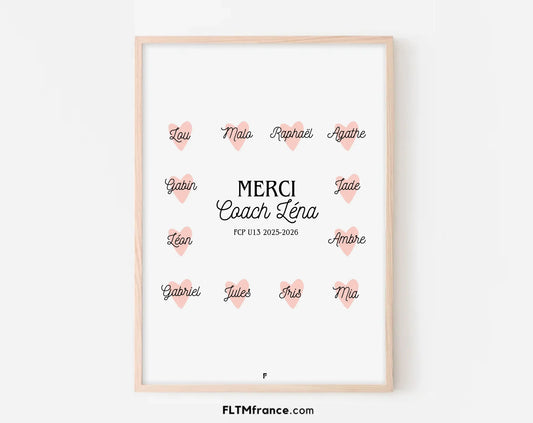 Affiche Merci coach et coeurs personnalisée FLTM