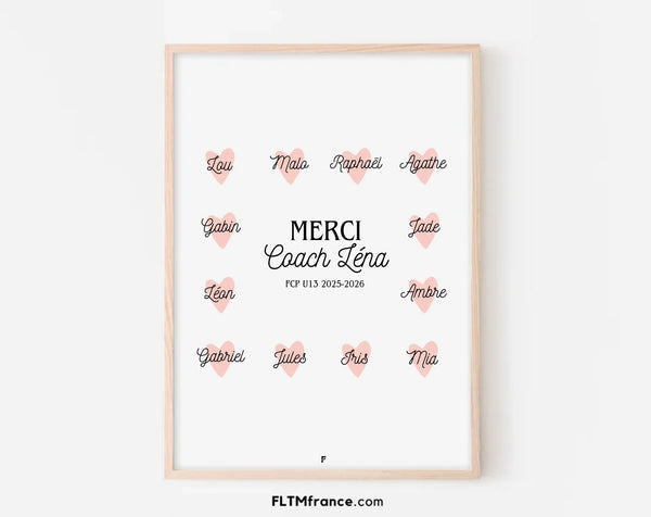 Affiche Merci coach et coeurs personnalisée