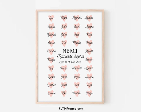 Affiche Merci maîtresse et coeurs personnalisée