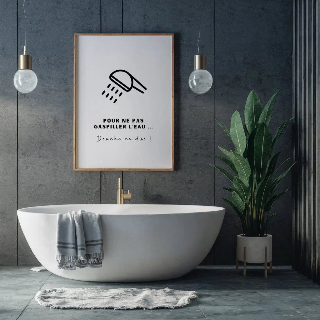 Affiche Pour ne pas gaspiller l'eau, douche en duo - Affiche humour salle de bain FLTMfrance