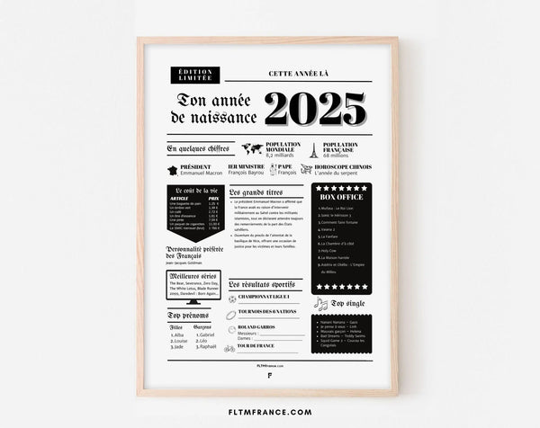 Affiche année de naissance 2025 - Cadeau anniversaire 1 an