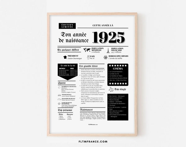Affiche année de naissance 1925 - Cadeau anniversaire 101 ans