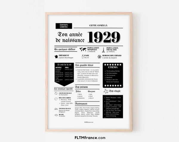 Affiche année de naissance 1929 - Cadeau anniversaire 97 ans