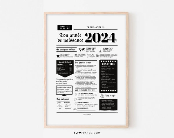 Affiche année de naissance 2024 - Cadeau anniversaire 2 ans