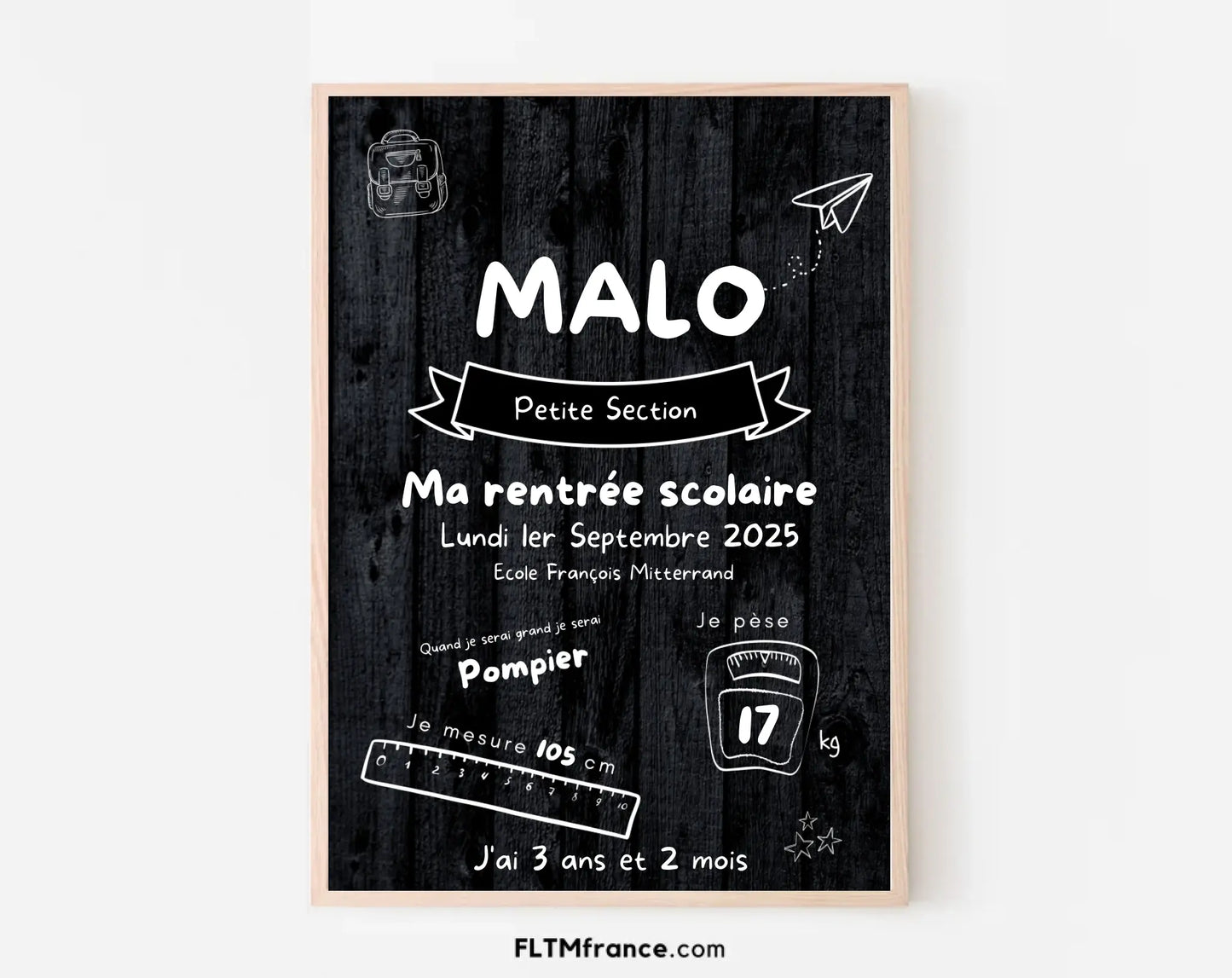 Affiche ardoise personnalisée enfant - Souvenir de Rentrée scolaire FLTM