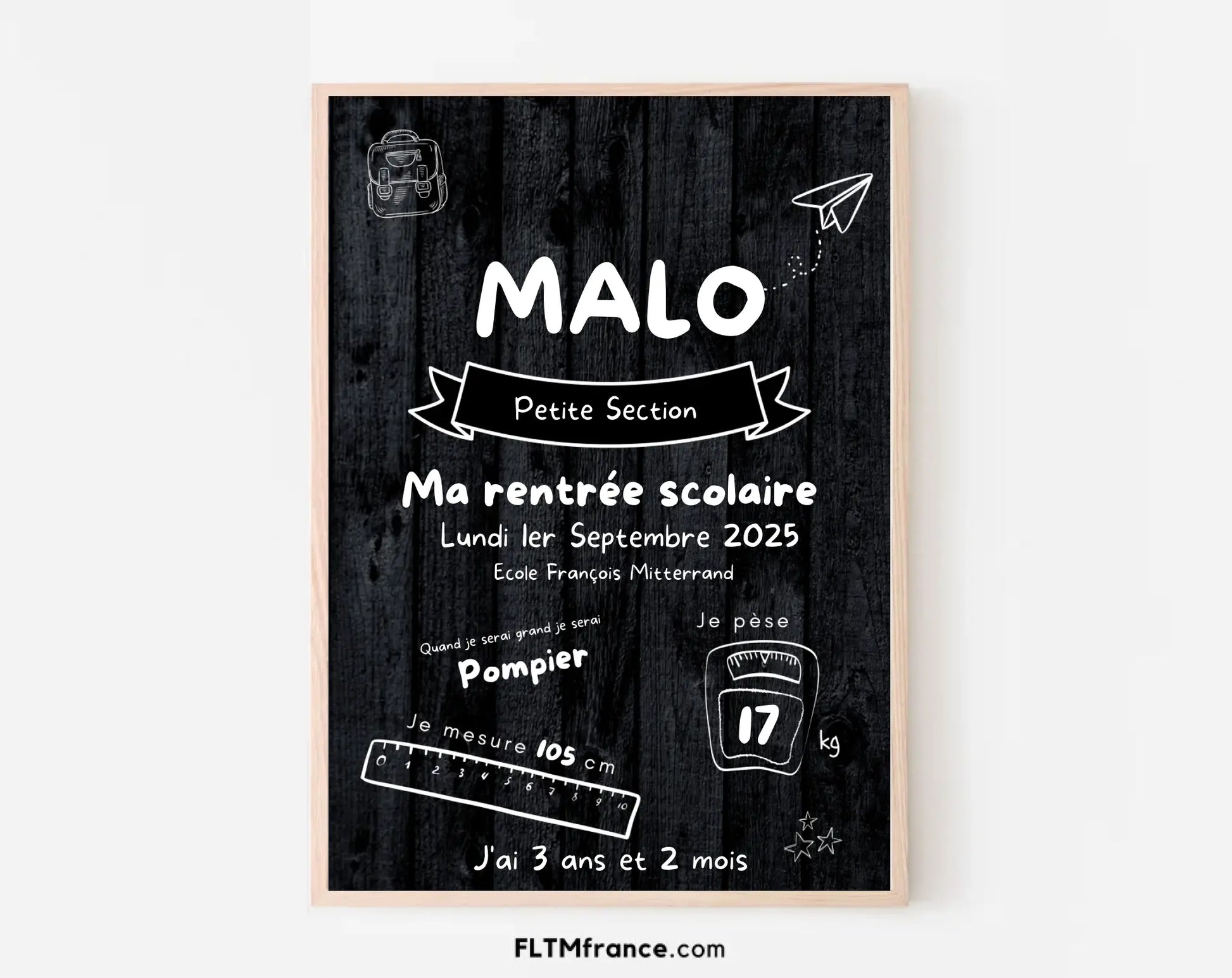 Affiche ardoise personnalisée enfant - Souvenir de Rentrée scolaire FLTM