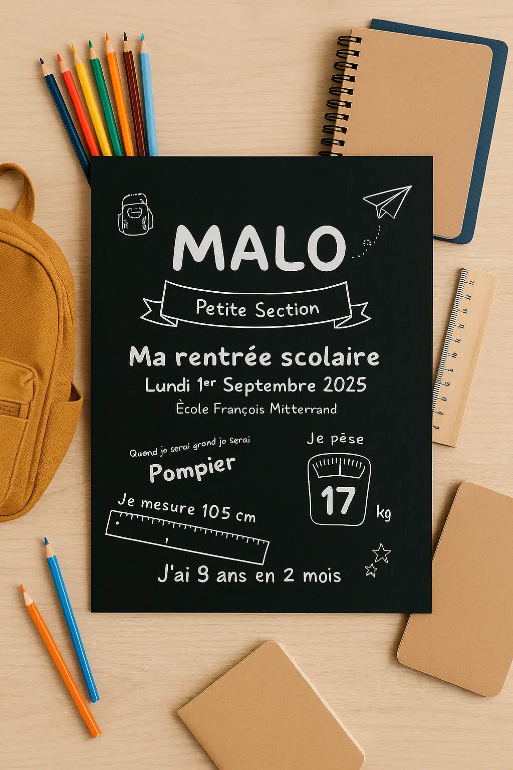 Affiche ardoise personnalisée enfant - Souvenir de Rentrée scolaire FLTM