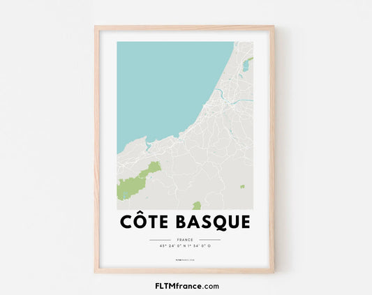 Affiche carte Côte Basque - Villes de France FLTMfrance