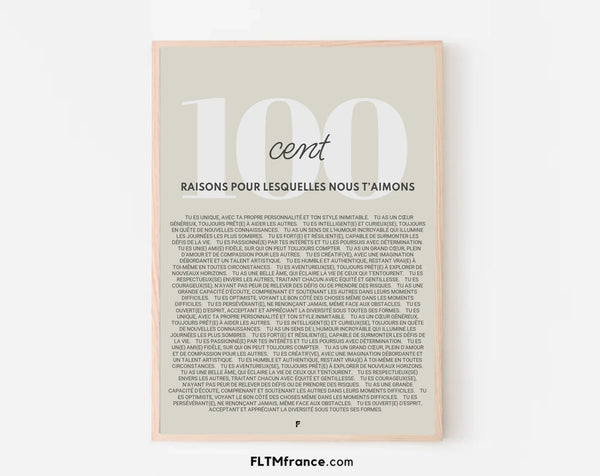Affiche personnalisée 100 raisons pour lesquelles nous t'aimons - Cadeau 100 ans