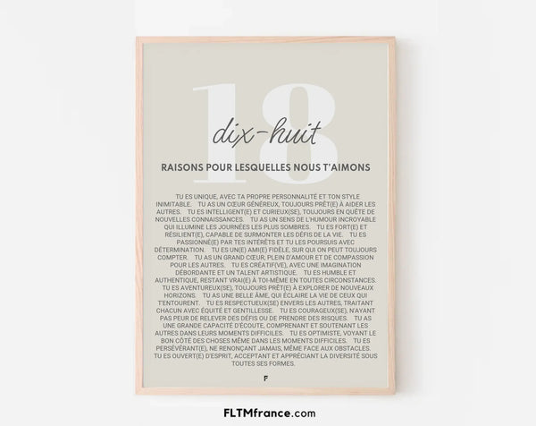 Affiche personnalisée 18 raisons pour lesquelles nous t'aimons - Cadeau 18 ans