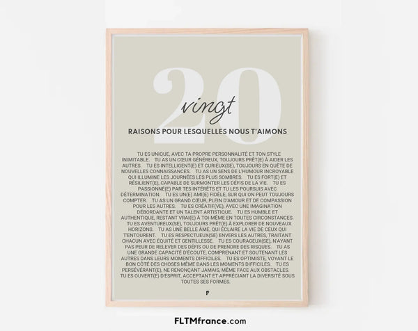 Affiche personnalisée 20 raisons pour lesquelles nous t'aimons - Cadeau 20 ans