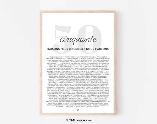 Affiche personnalisée 50 raisons pour lesquelles nous t'aimons - Cadeau 50 ans