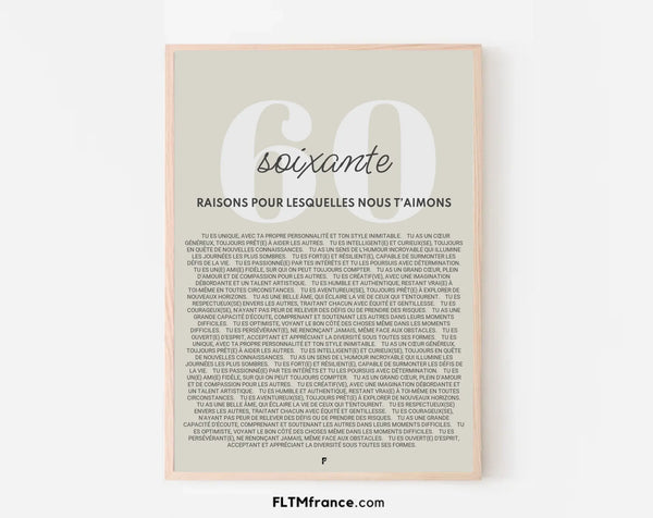 Affiche personnalisée 60 raisons pour lesquelles nous t'aimons - Cadeau 60 ans