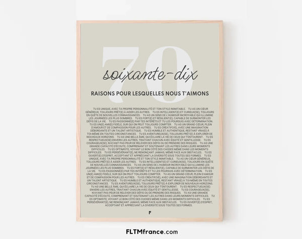 Affiche personnalisée 70 raisons pour lesquelles nous t'aimons - Cadeau 70 ans