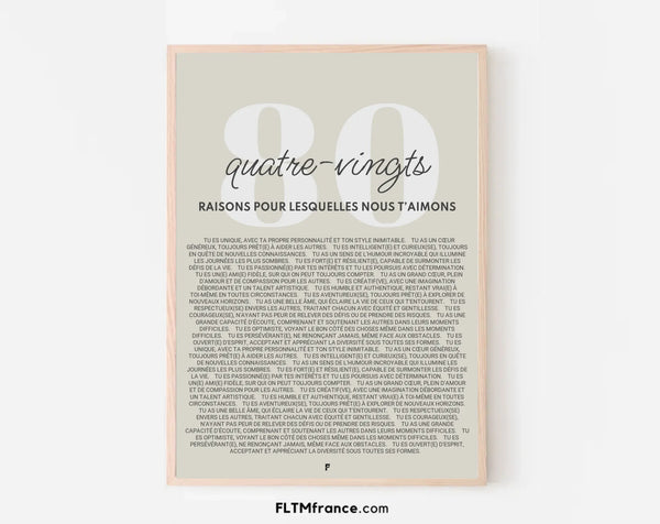 Affiche personnalisée 80 raisons pour lesquelles nous t'aimons - Cadeau 80 ans