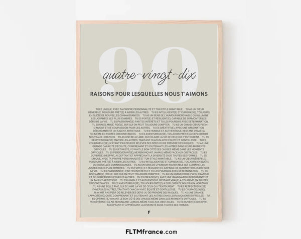 Affiche personnalisée 90 raisons pour lesquelles nous t'aimons - Cadeau 90 ans