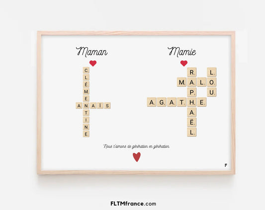 Affiche personnalisée Scrabble Maman et Mamie avec prénoms de famille FLTMfrance