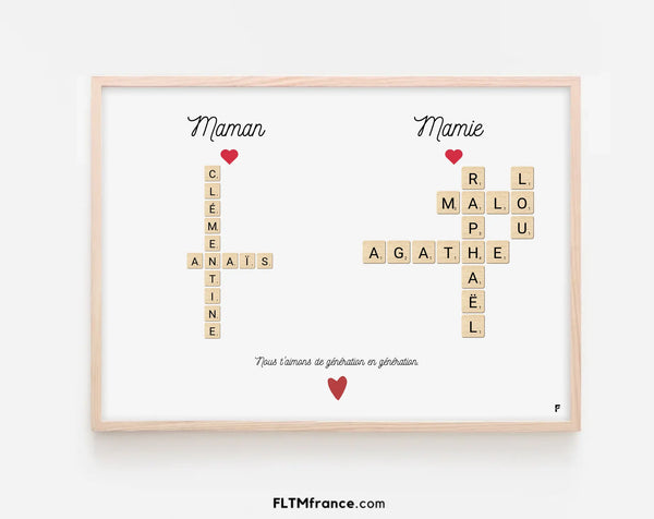 Affiche personnalisée Scrabble Maman et Mamie avec prénoms de famille