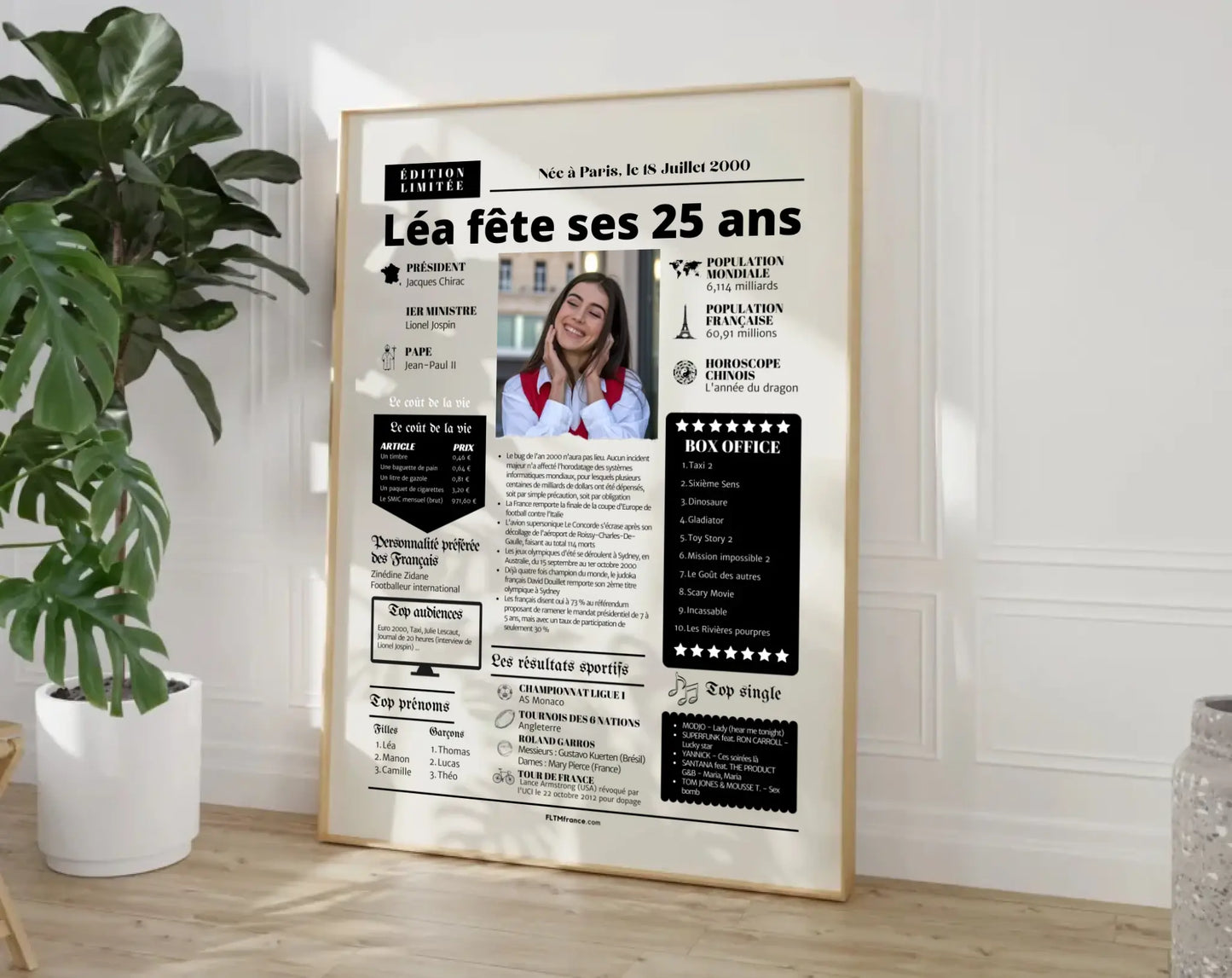 Affiche personnalisée anniversaire 25 ans - Année de naissance FLTMfrance