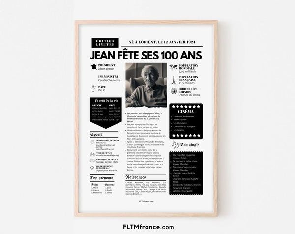 Affiche personnalisée anniversaire 100 ans - Année de naissance
