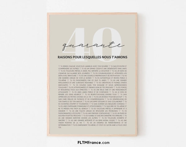Affiche personnalisée 40 raisons pour lesquelles nous t'aimons - Cadeau 40 ans