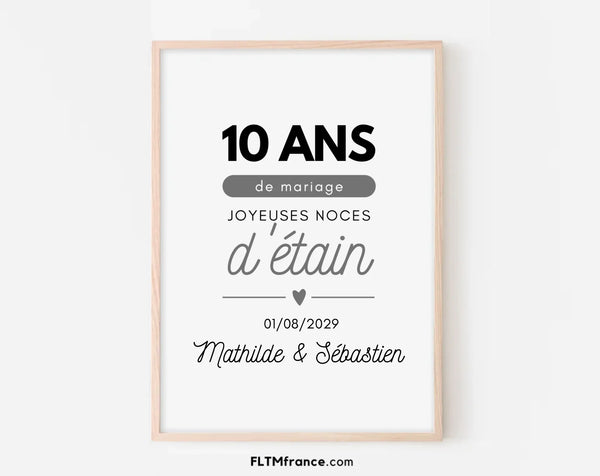 Affiche personnalisée Joyeuses Noces d'étain - 10 ans de mariage