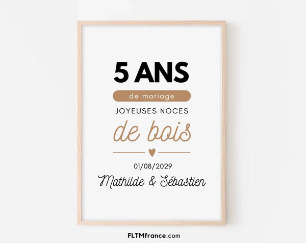 Affiche personnalisée Joyeuses Noces de bois – 5 ans de mariage