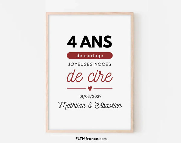 Affiche personnalisée Joyeuses Noces de cire – 4 ans de mariage