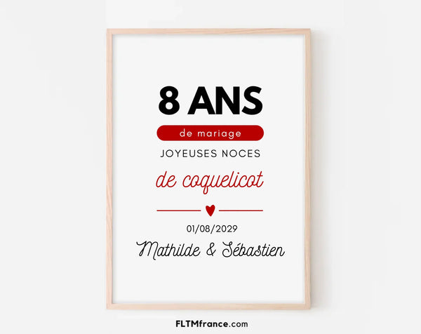 Affiche personnalisée Joyeuses Noces de coquelicot – 8 ans de mariage