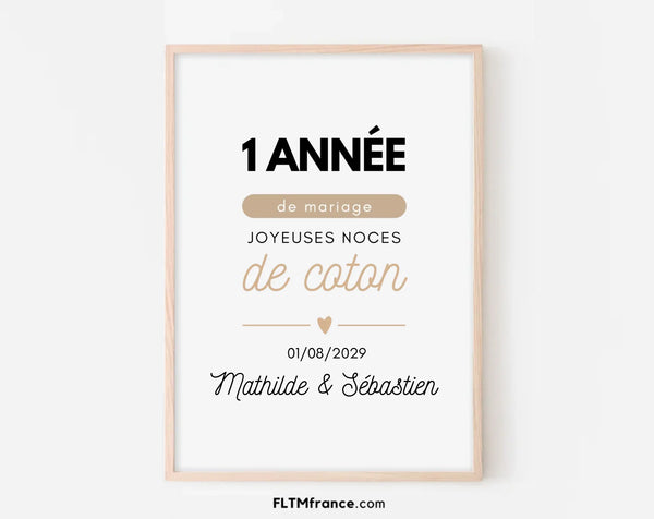 Affiche personnalisée Joyeuses Noces de coton -  1 an de mariage