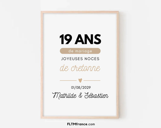Affiche personnalisée Joyeuses Noces de cretonne – 19 ans de mariage FLTMfrance