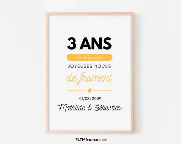 Affiche personnalisée Joyeuses Noces de froment – 3 ans de mariage
