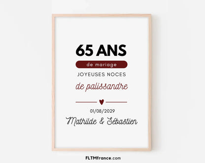 Affiche personnalisée Joyeuses Noces de palissandre – 65 ans de mariage FLTM