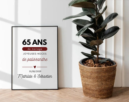Affiche personnalisée Joyeuses Noces de palissandre – 65 ans de mariage FLTM