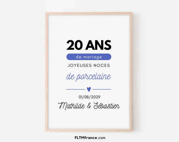 Affiche personnalisée Joyeuses Noces de porcelaine – 20 ans de mariage