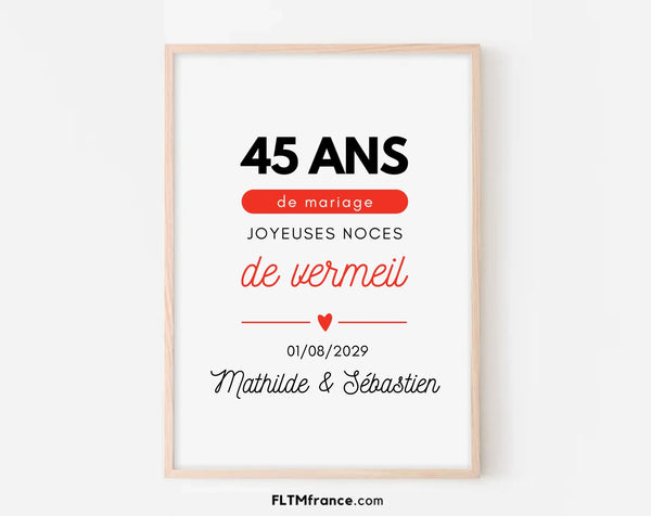 Affiche personnalisée Joyeuses Noces de Vermeil - 45 ans de mariage