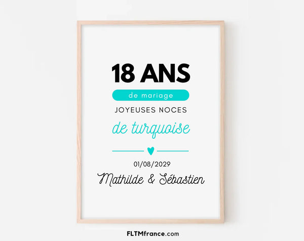 Affiche personnalisée Joyeuses Noces de turquoise – 18 ans de mariage