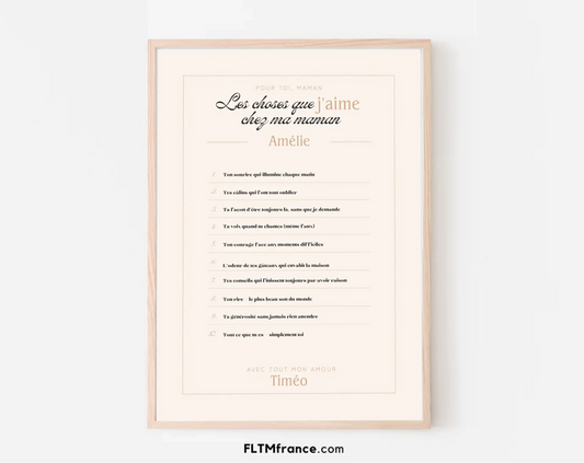 Affiche personnalisée Les choses que j'aime chez ma maman - Cadeau Fête des Mères FLTM