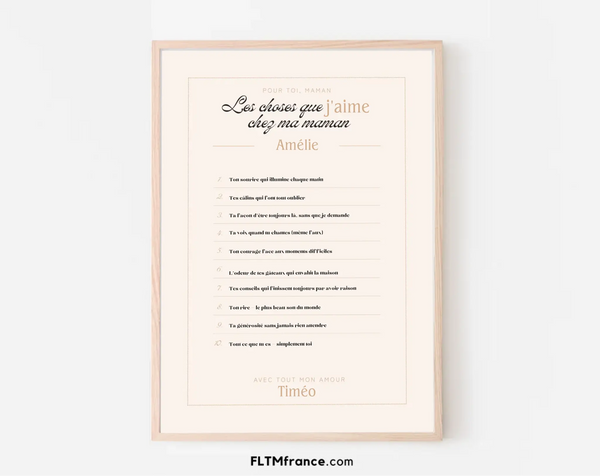 Affiche personnalisée Les choses que j'aime chez ma maman - Cadeau Fête des Mères